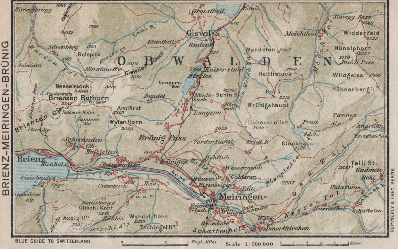 BRIENZ AXALP MEIRINGEN BRÜNIG. Lungern Bürglen. Vintage map. Switzerland 1930